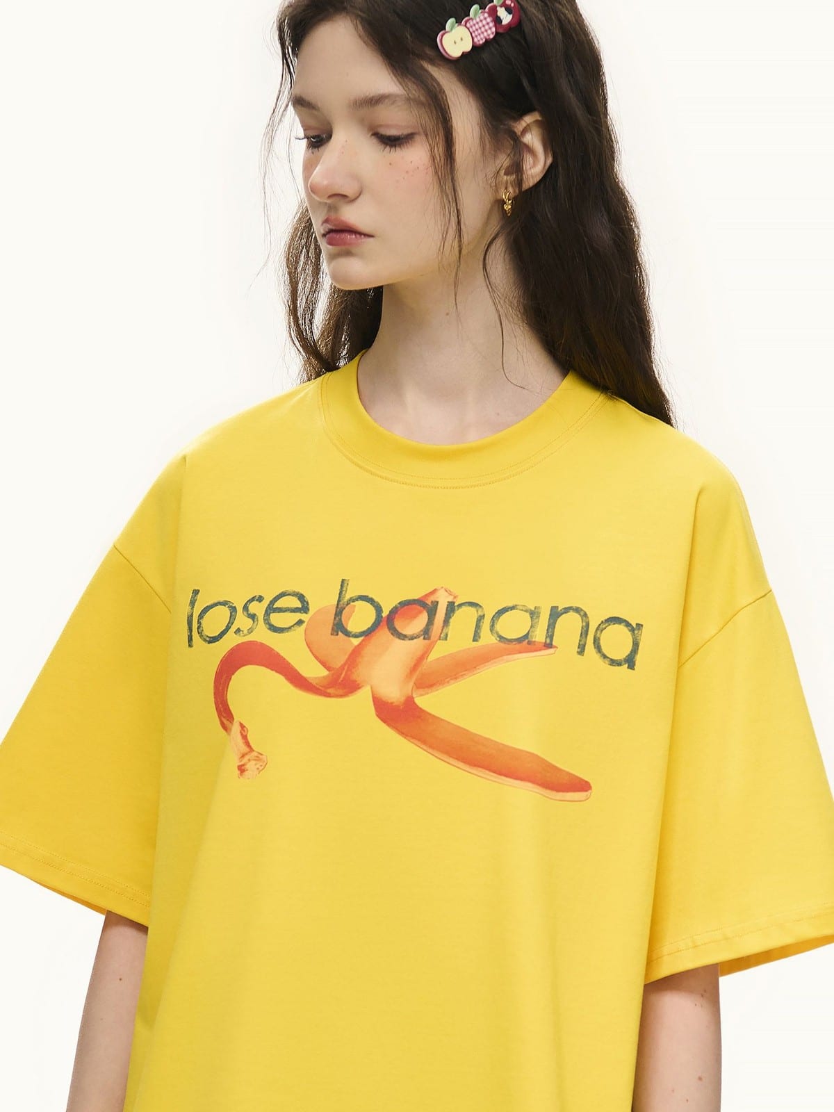 LOSTCTRL Distressed Banana Print Sorona T Shirt in Yellow - On Female Model