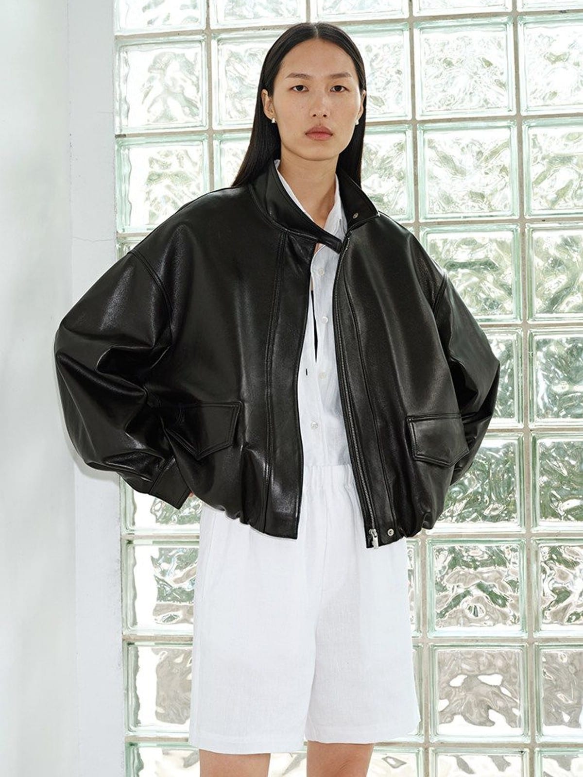 MSBEAST Oil Waxed Sheepskin Stand Collar Jacket in Black - On Female Model