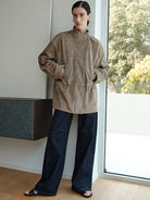 MSBEAST Drawstring Sheep Leather Jacket in Taupe - On Female Model