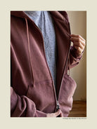 USAGE Vintage Washed Double Layer Zip Hoodie in Burgundy - On Male Model
