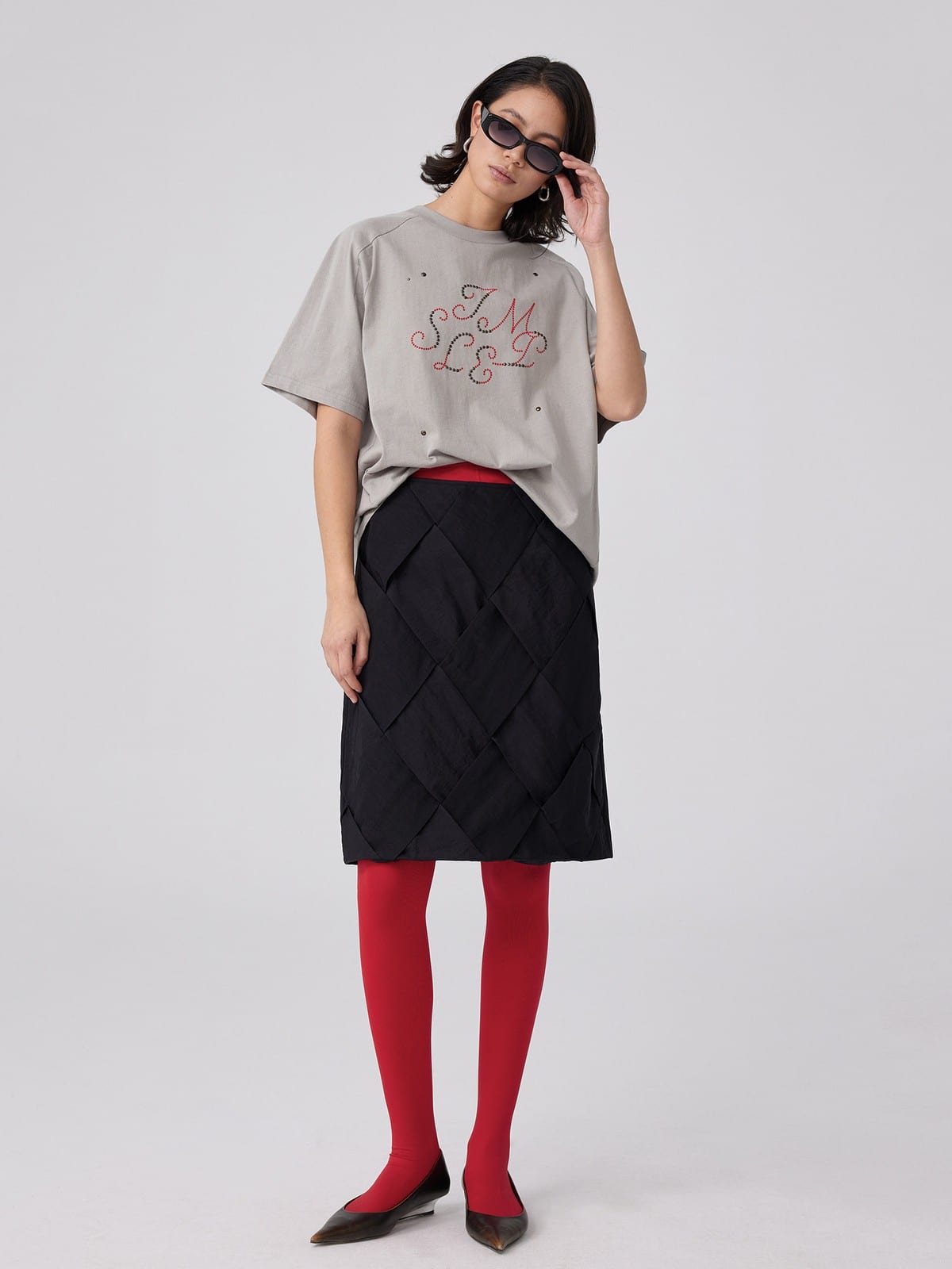 SIMPLE PROJECT Brass Stud Retro Logo Cotton T Shirt in Gray - On Female Model