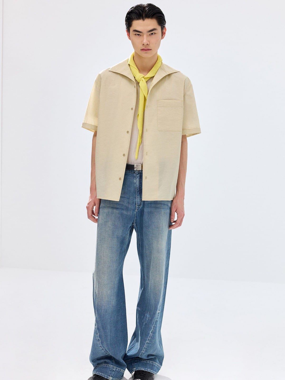 SIMPLE PROJECT Striped One Piece Collar Shirt in Beige - On Male Model