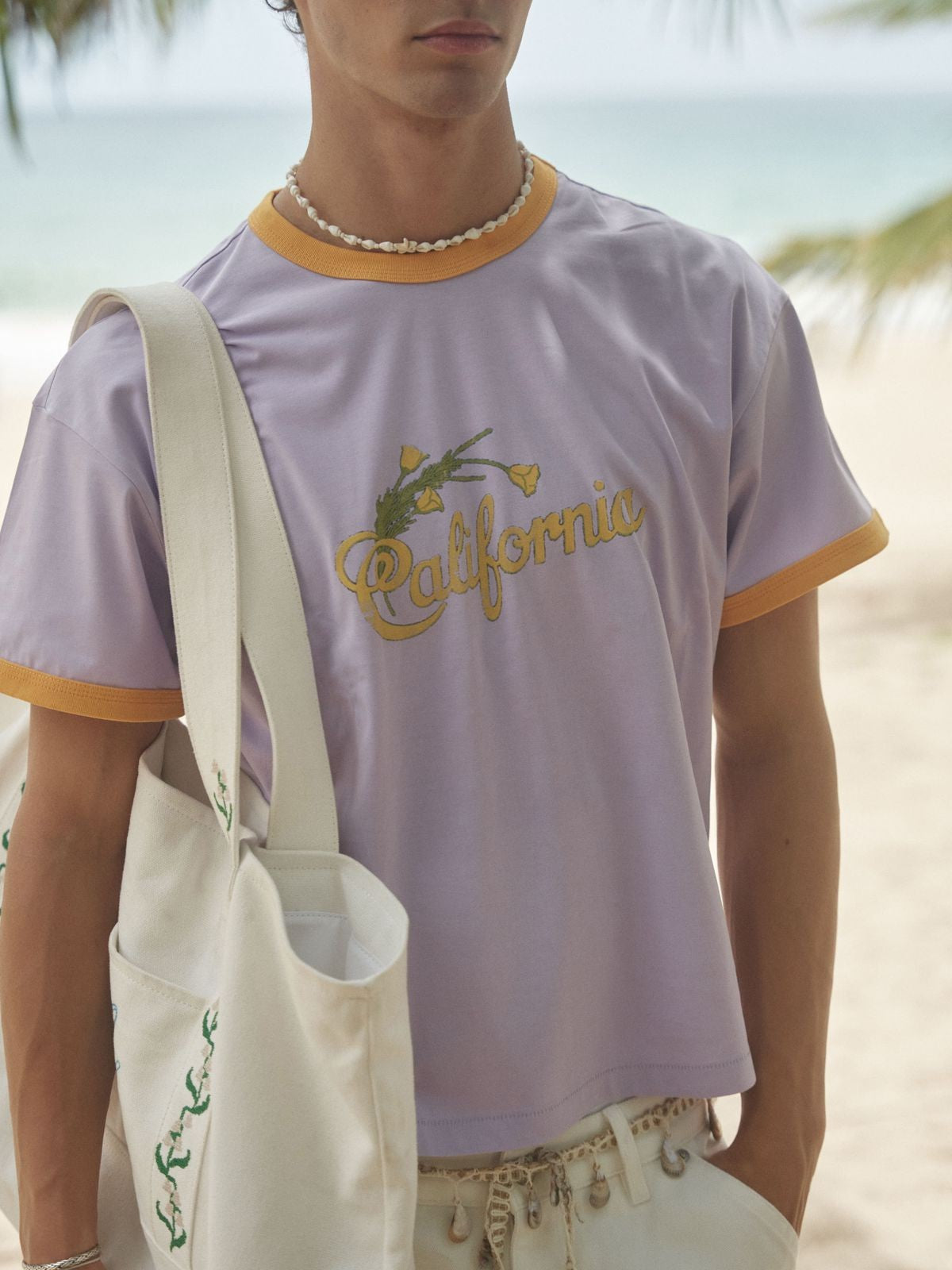 Retro 21 California Graphic Ringer T Shirt in Lavender - On Male Model