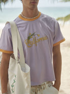 Retro 21 California Graphic Ringer T Shirt in Lavender - On Male Model