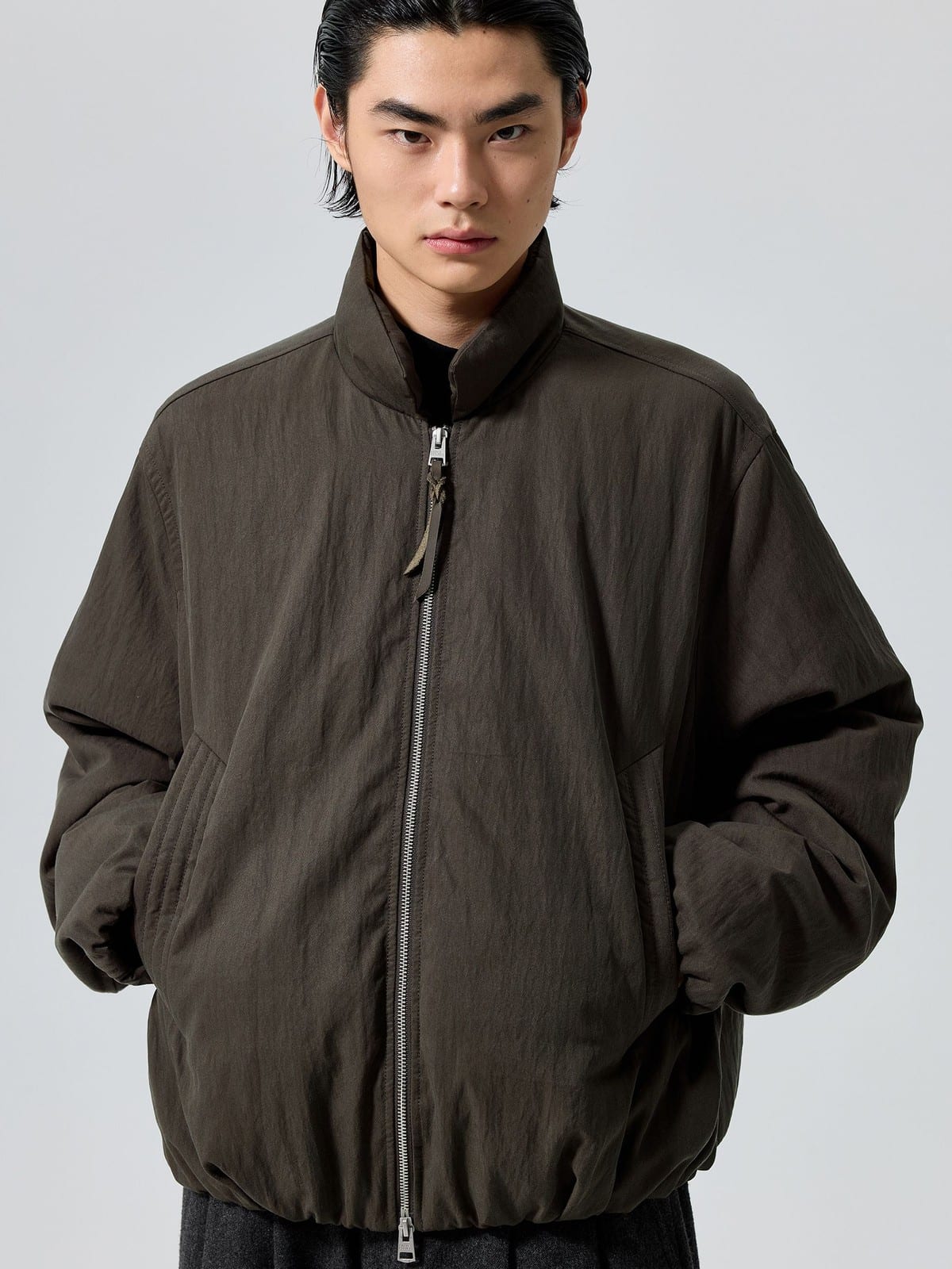 SIMPLE PROJECT Balloon Stand Collar 3M Puffer in Gray - On Male Model