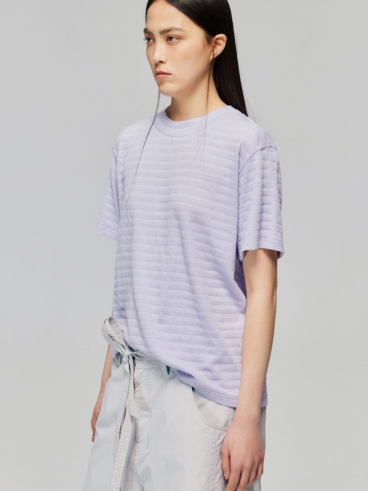 SIMPLE PROJECT Textured Diagonal Paneled T Shirt in Lavender - On Female Model