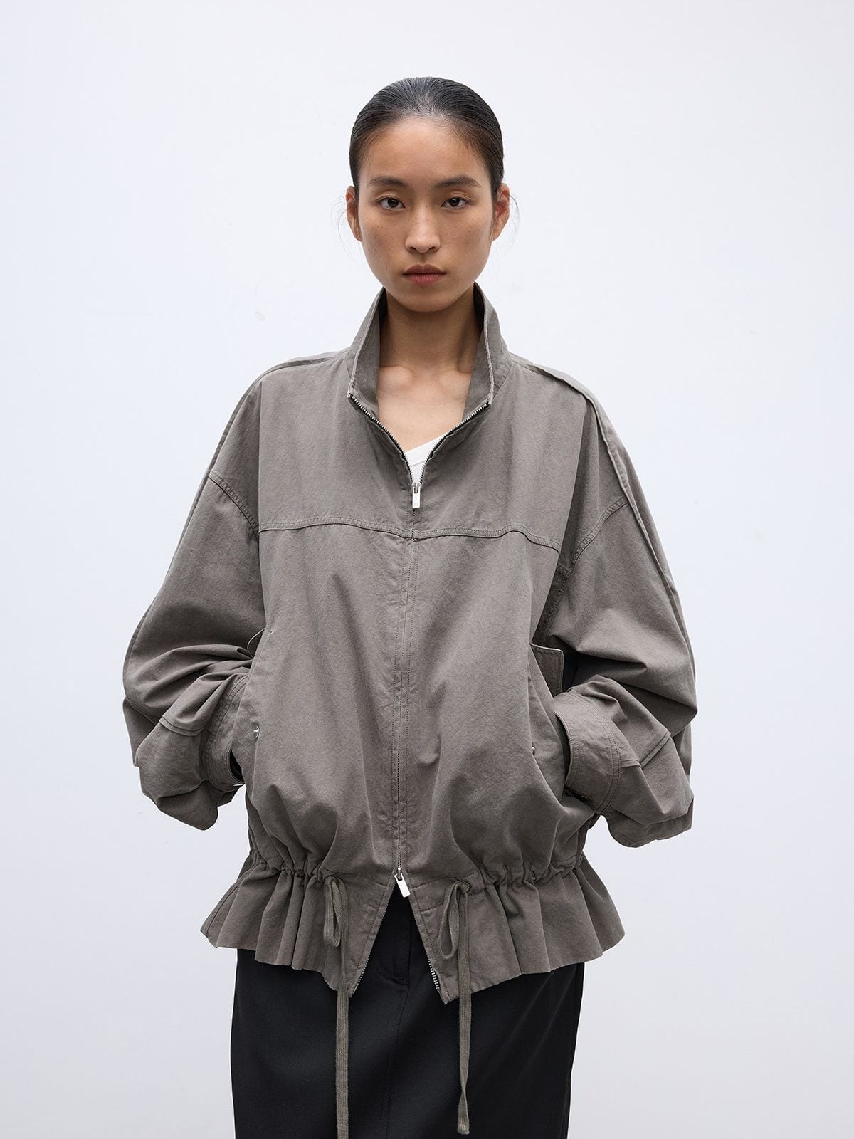 Random Piece Washed Cotton Drawstring Jacket in Beige - On Female Model