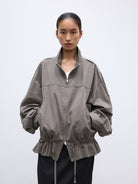 Random Piece Washed Cotton Drawstring Jacket in Beige - On Female Model