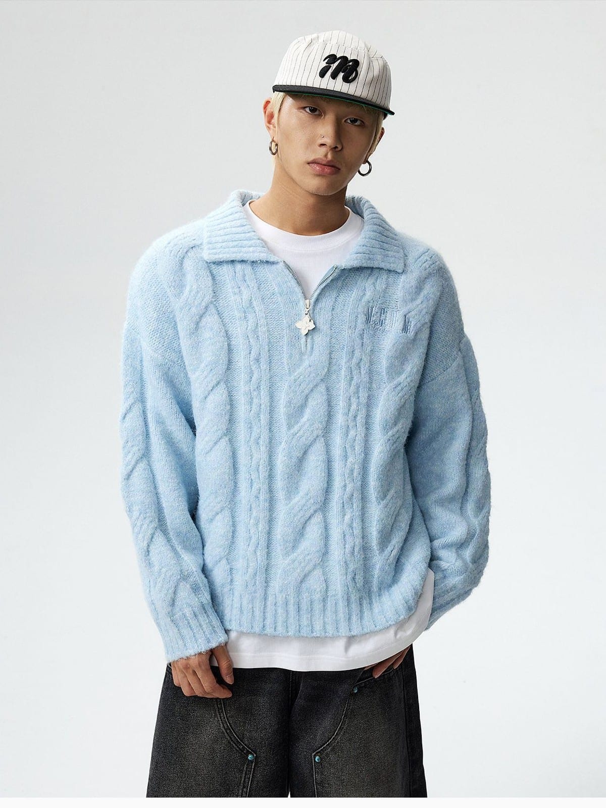 MEDM Cable Knit Quarter Zip Sweater in Sky Blue - On Male Model