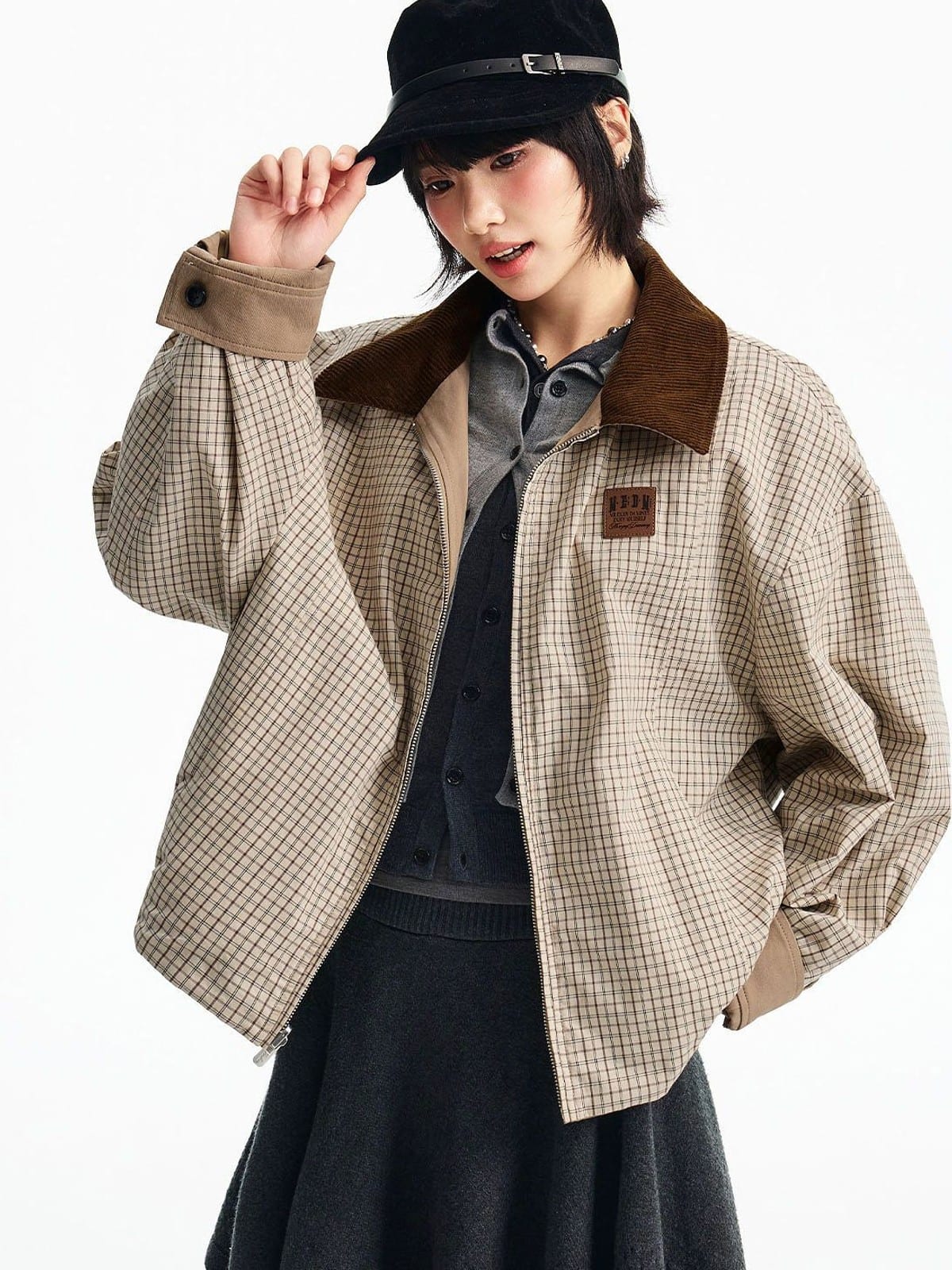 MEDM Reversible Cotton Zip Up Barn Jacket in Beige - On Female Model