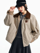 MEDM Reversible Cotton Zip Up Barn Jacket in Beige - On Female Model