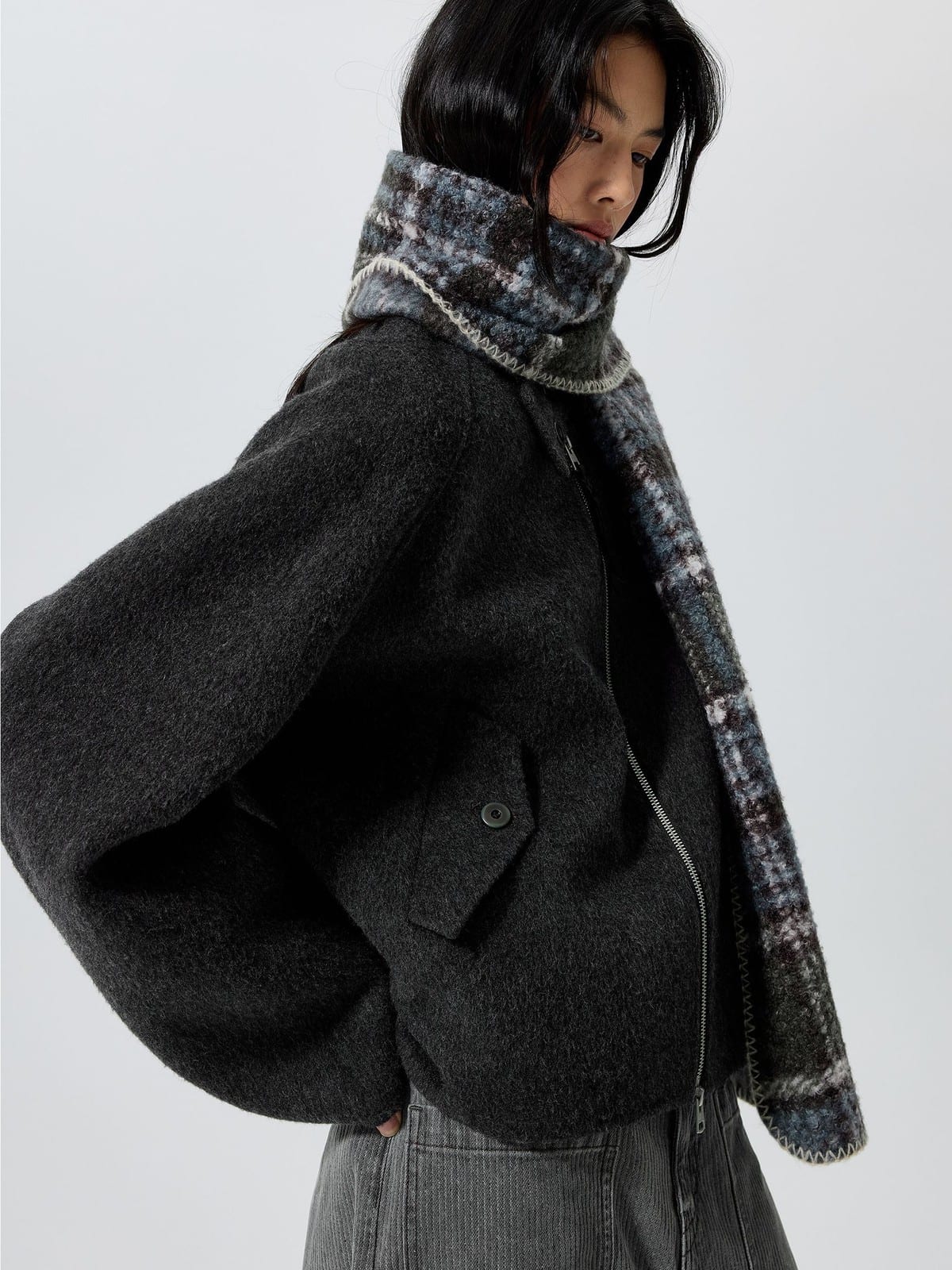 SIMPLE PROJECT Double Faced Wool Harrington Jacket in Gray - On Female Model