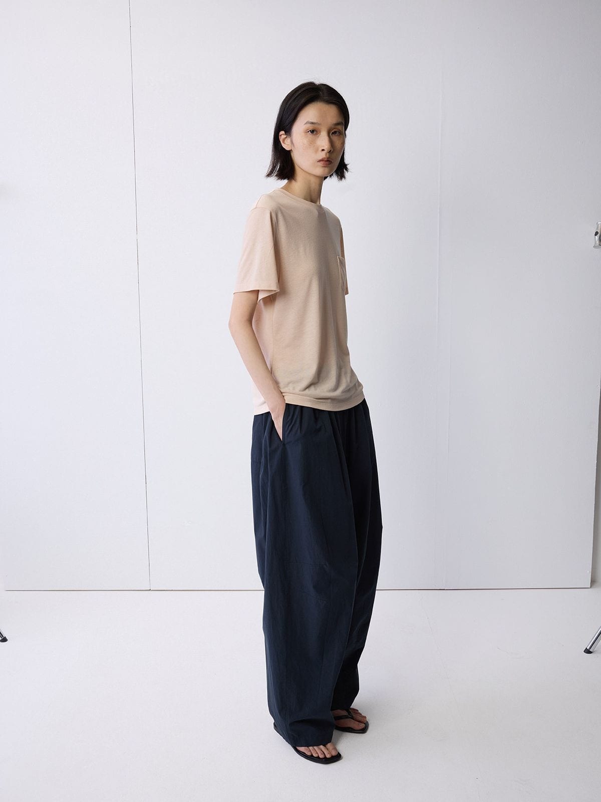 Random Piece Linen Blend Pocket T Shirt in Beige - On Female Model