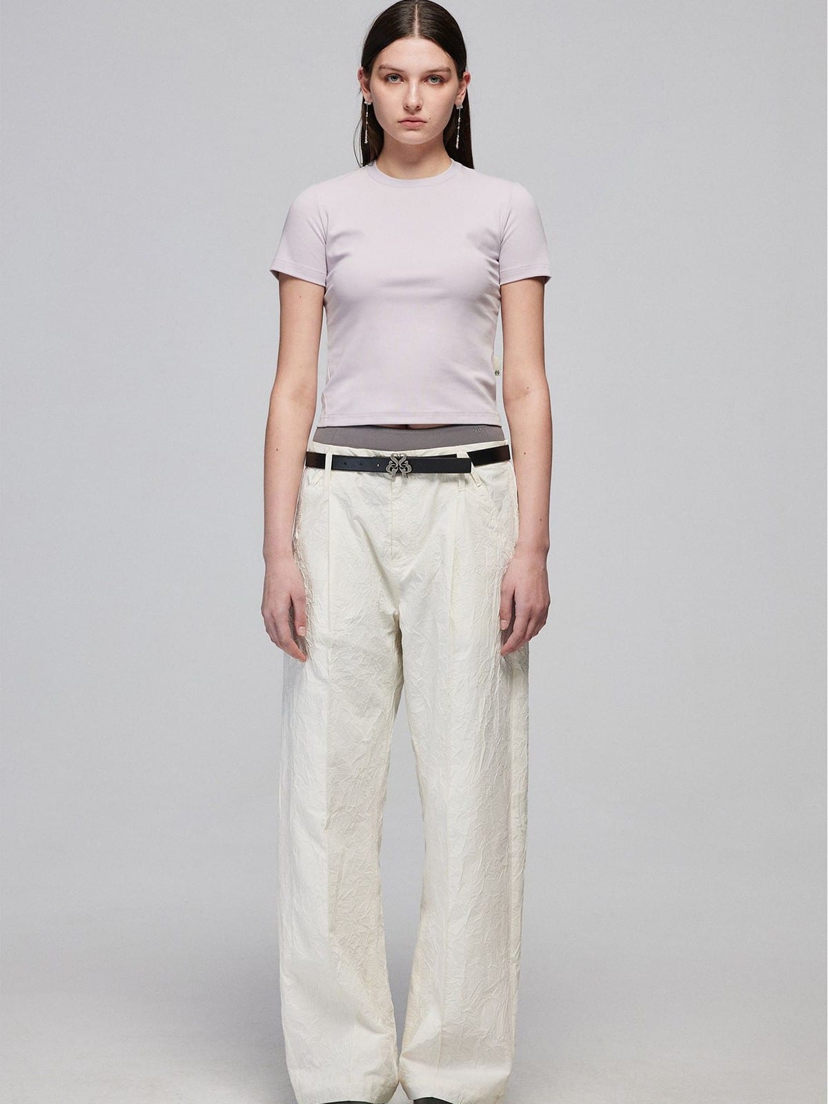 SIMPLE PROJECT Crinkled Straight Leg Trousers in White - On Female Model