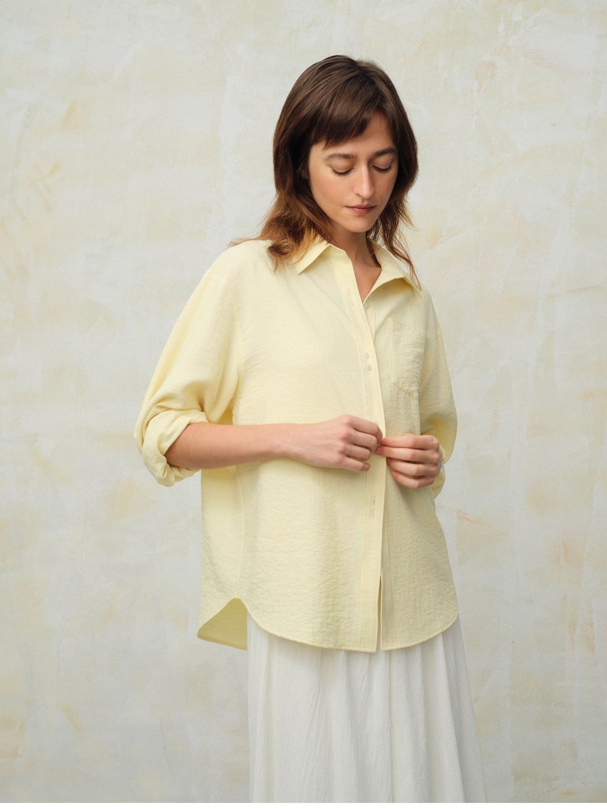 TEASEL Crinkled Silk Blend Short Sleeve Top in Yellow - On Female Model