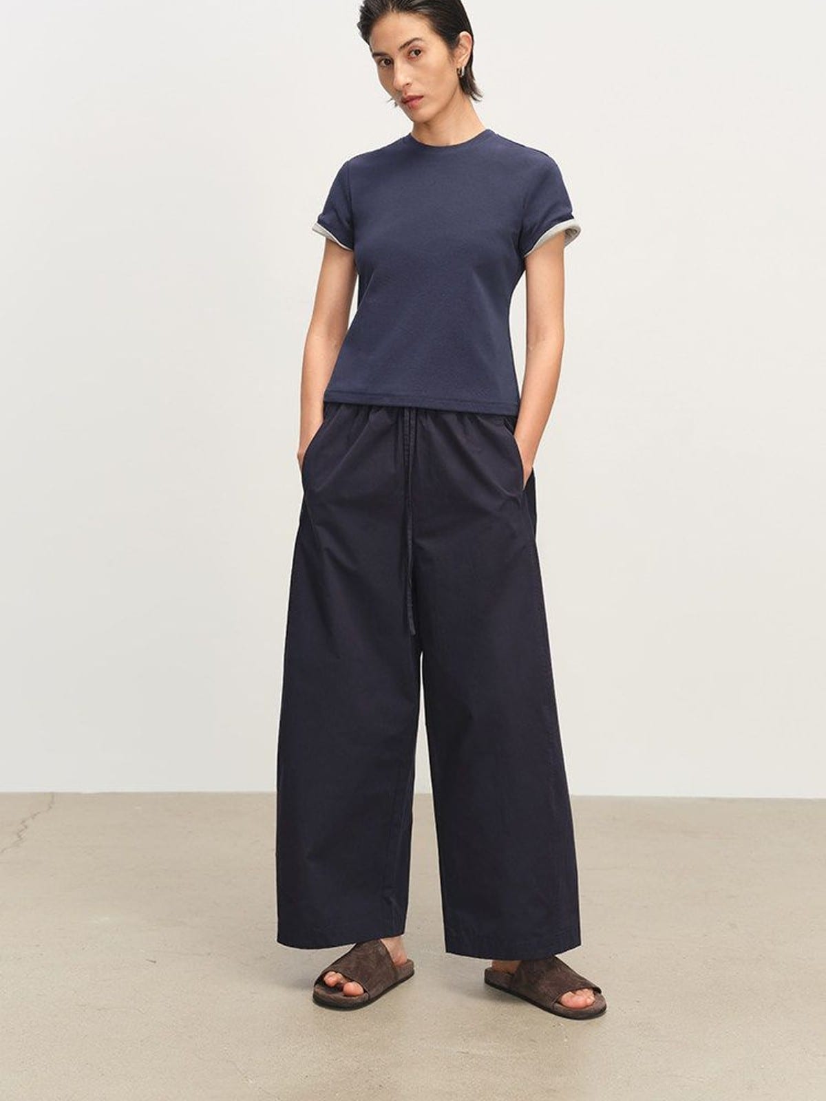 MSBEAST Paper Texture Cotton Balloon Pants in Navy Blue - On Female Model
