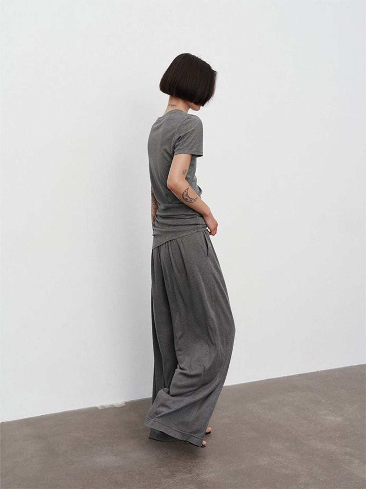 Random Piece Asymmetrical Pleated Silk Blend T Shirt in Gray - On Female Model