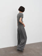 Random Piece Asymmetrical Pleated Silk Blend T Shirt in Gray - On Female Model