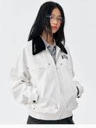MEDM Embroidered Harrington Jacket in White - On Female Model