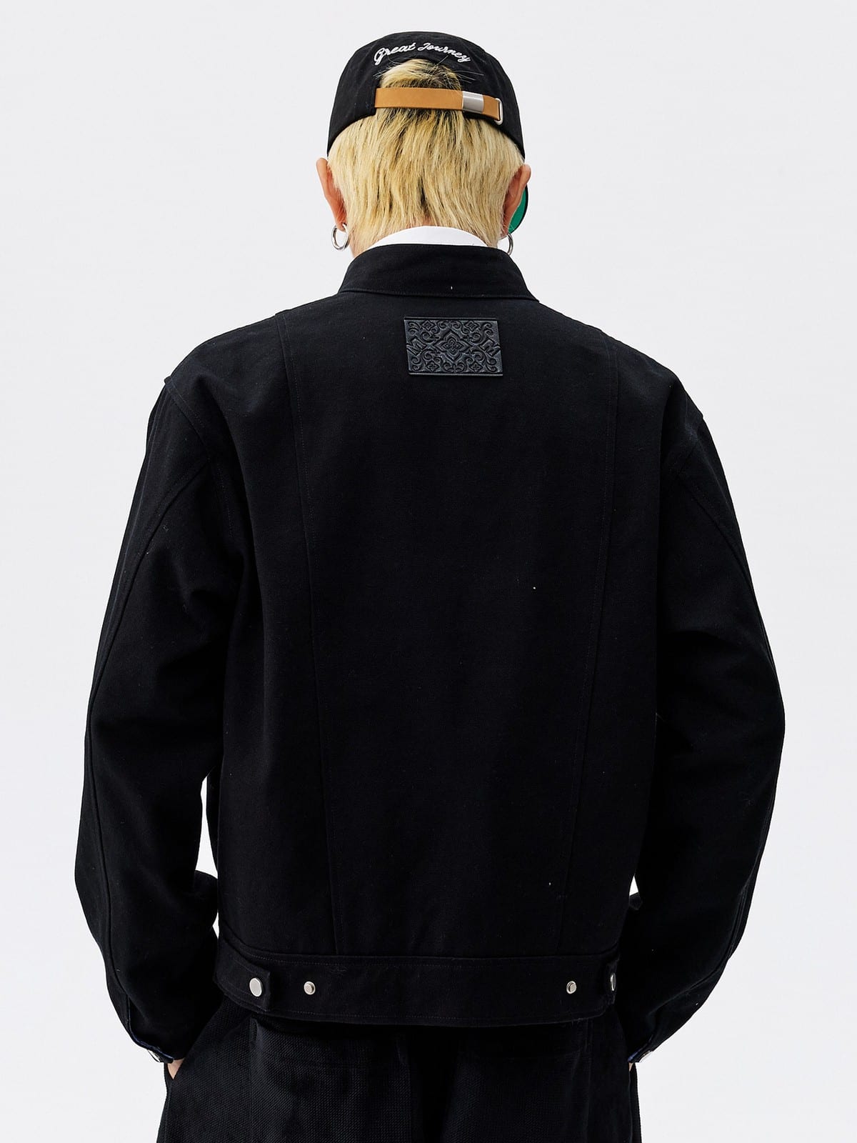 MEDM Plaid Collar Cotton Zip Up Jacket in Black - On Model