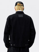 MEDM Plaid Collar Cotton Zip Up Jacket in Black - On Model