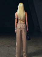 SMFK Wide Leg Cotton Cargo Sweatpants in Beige - On Female Model