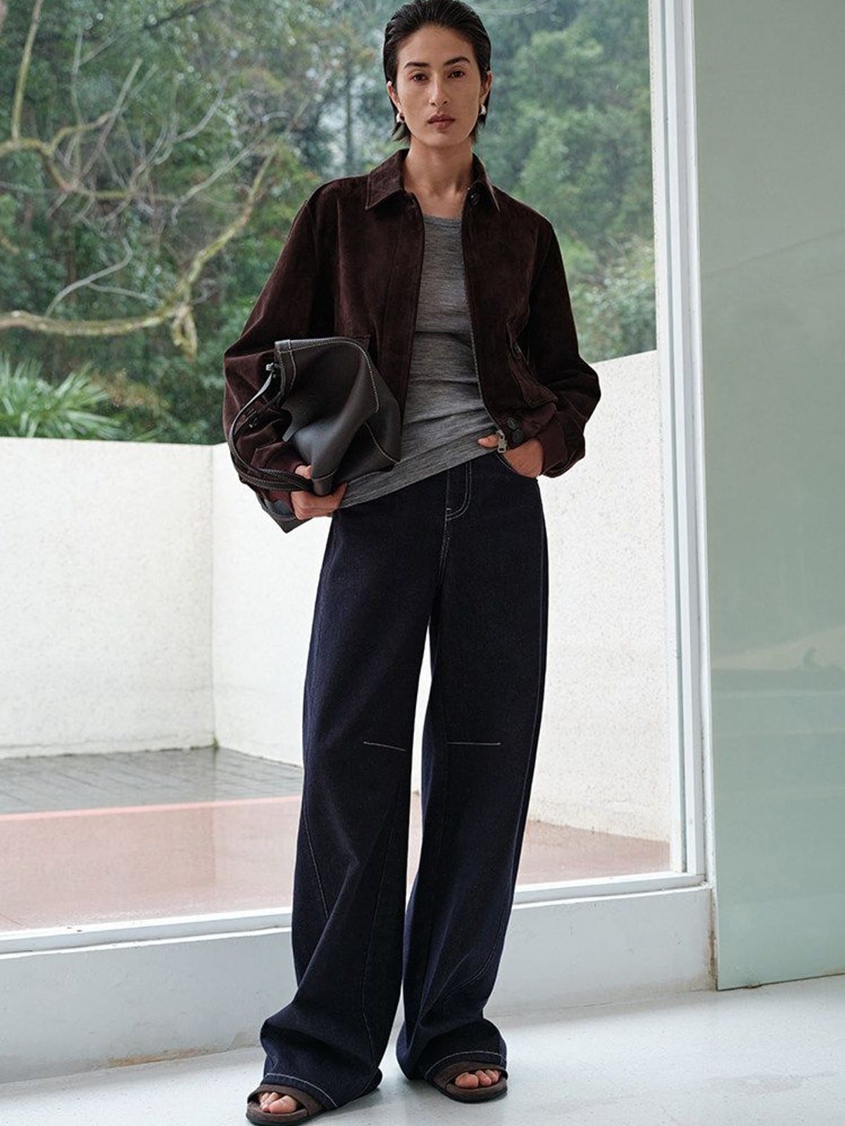 MSBEAST Cropped Suede Leather Jacket in Dark Brown - On Female Model
