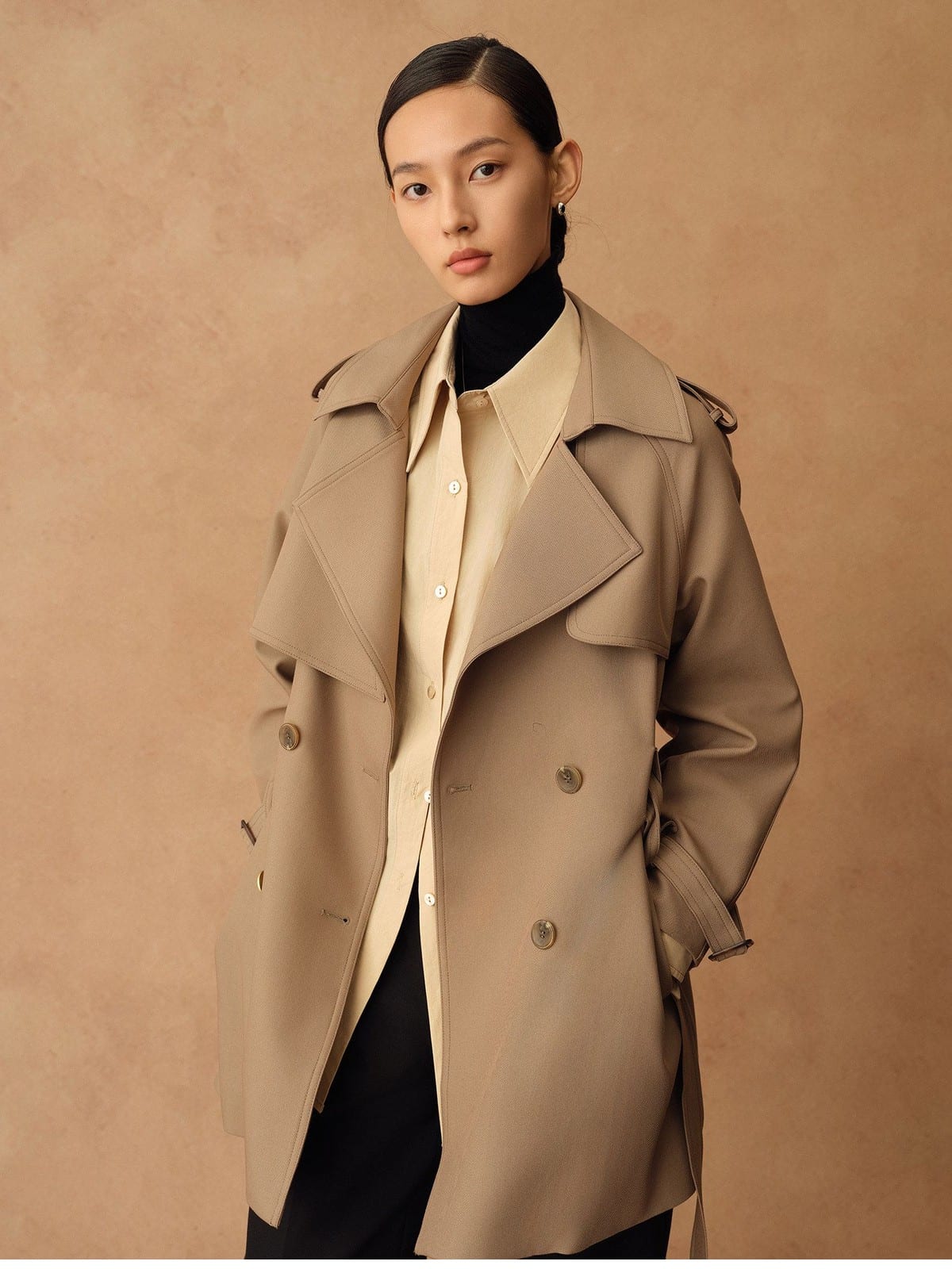 TEASEL Double Breasted Belted Trench Coat in Khaki - On Female Model