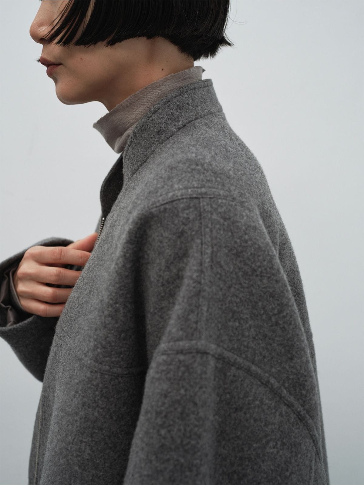 Random Piece Super 110S Wool Bomber Jacket in Gray - On Female Model