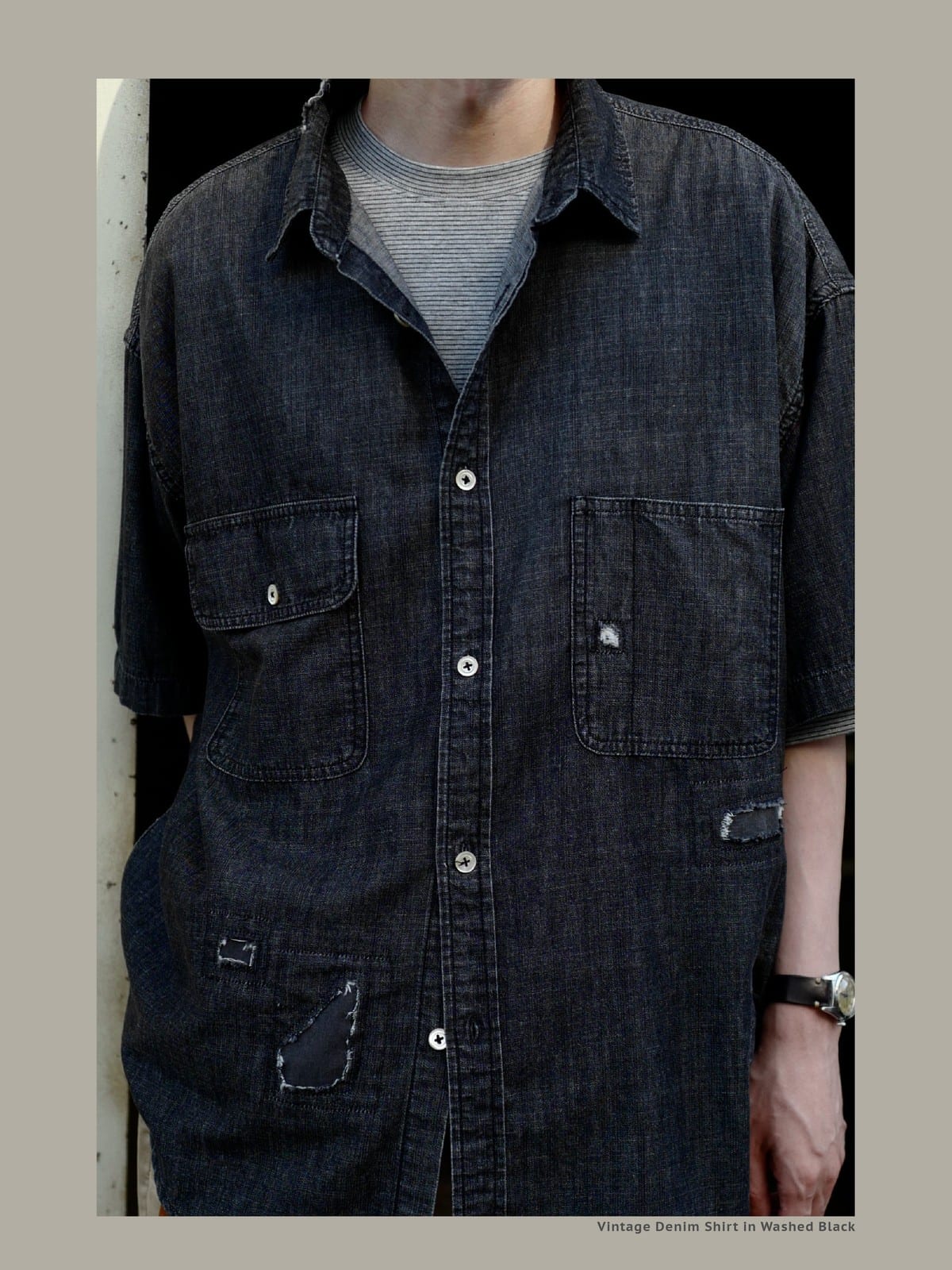 USAGE Distressed Short Sleeve Denim Shirt in Gray - On Male Model
