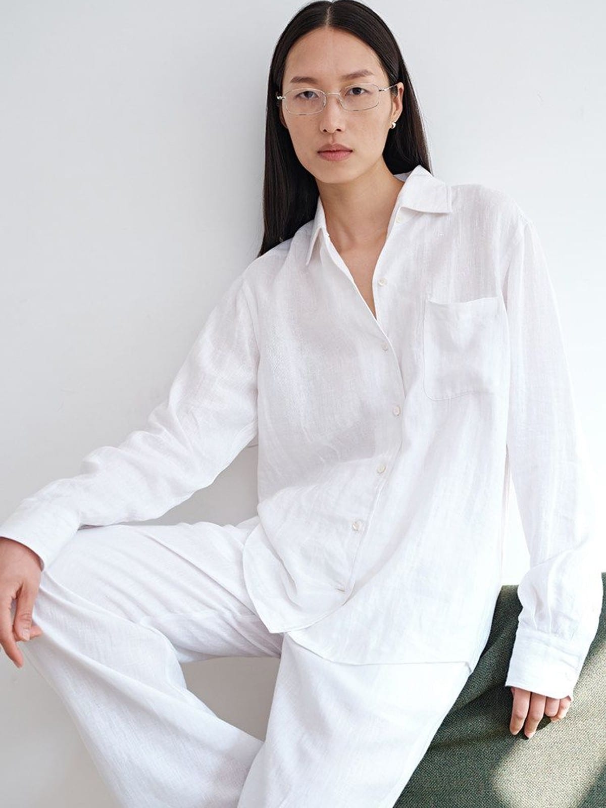 MSBEAST Linen Button Up Shirt Shorts Set in White - On Female Model