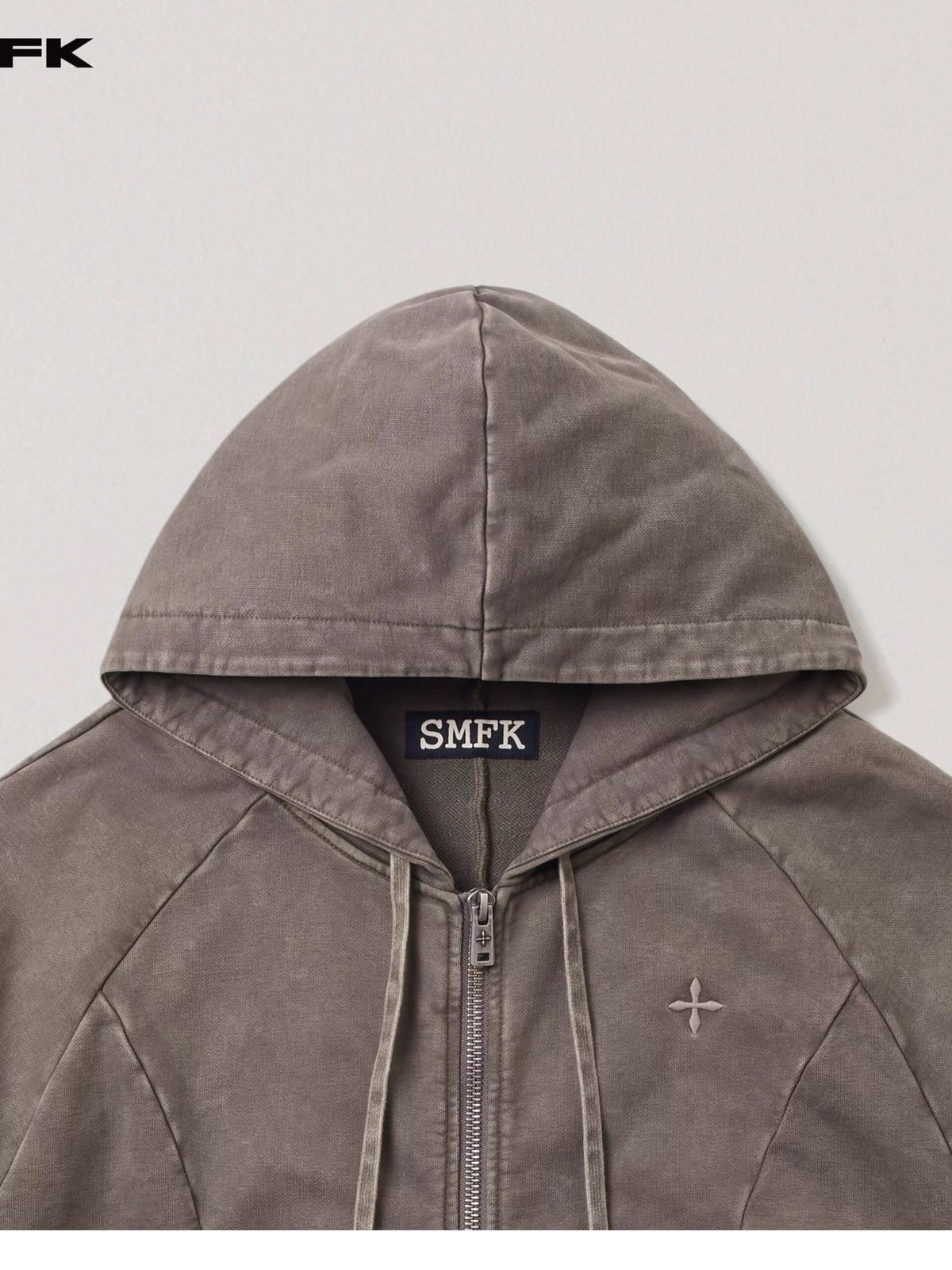SMFK Washed Cotton Zip Up Hoodie in Dark Gray - Detail