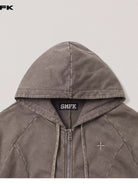 SMFK Washed Cotton Zip Up Hoodie in Dark Gray - Detail