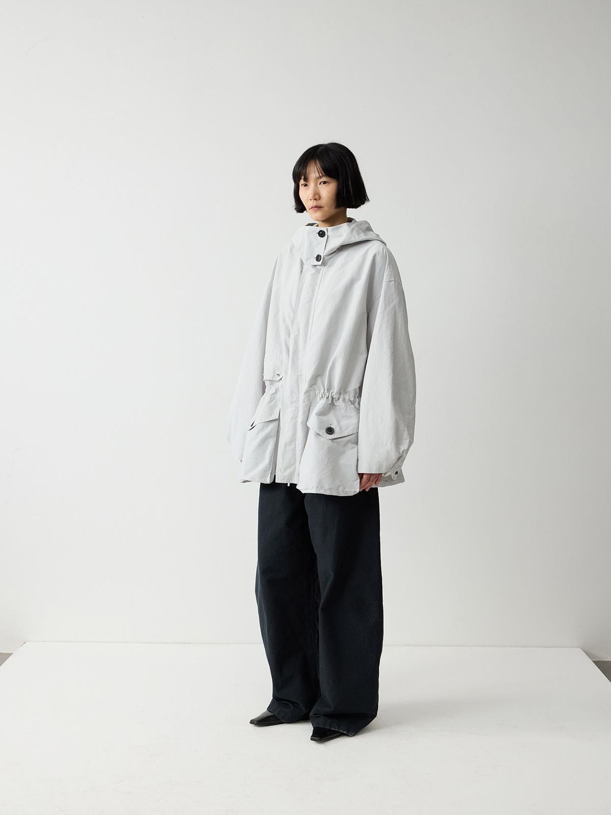 Random Piece Cotton Blend Drawstring Cargo Jacket in Gray - On Female Model
