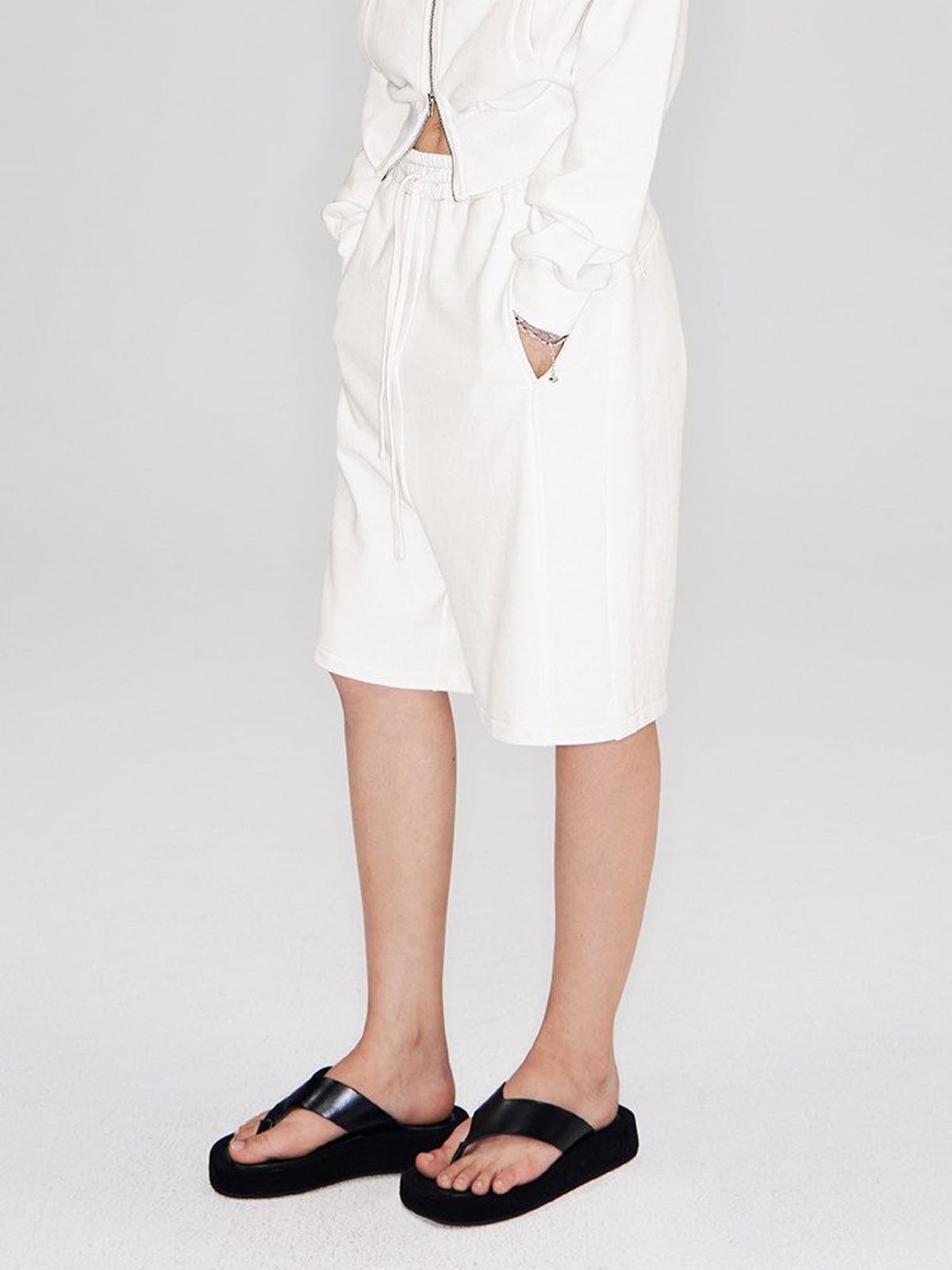 RARELY ALIKE Cotton Drawstring Sweat Shorts in White - On Model