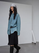 Random Piece Vintage Washed Cotton Blend Shirt in Denim - On Female Model