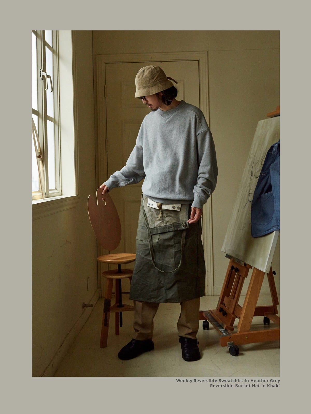 USAGE Reversible Cotton Crewneck Sweatshirt in Heather Gray - On Male Model