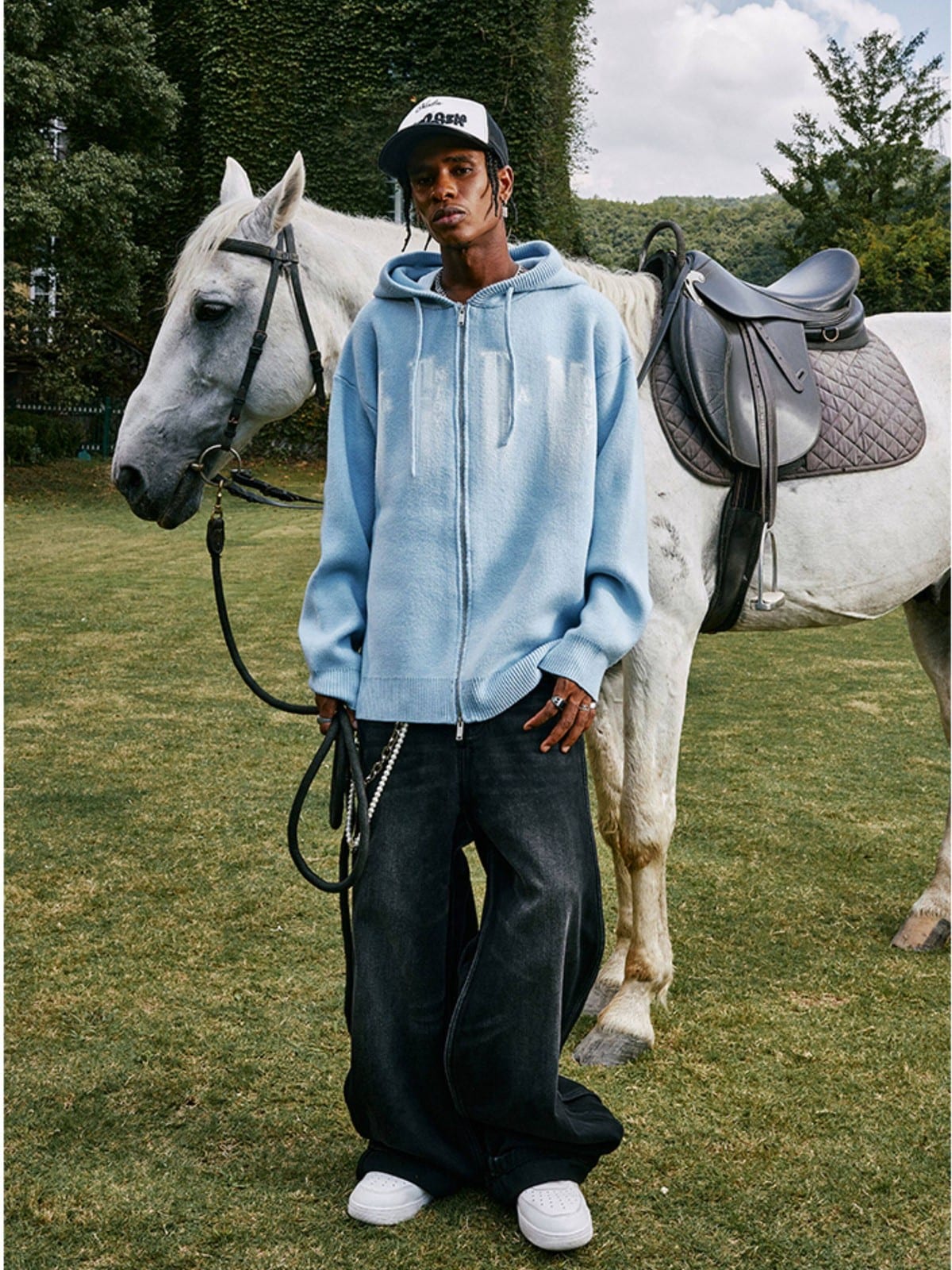 MEDM Zip Up Hooded Knit Cardigan in Sky Blue - On Male Model