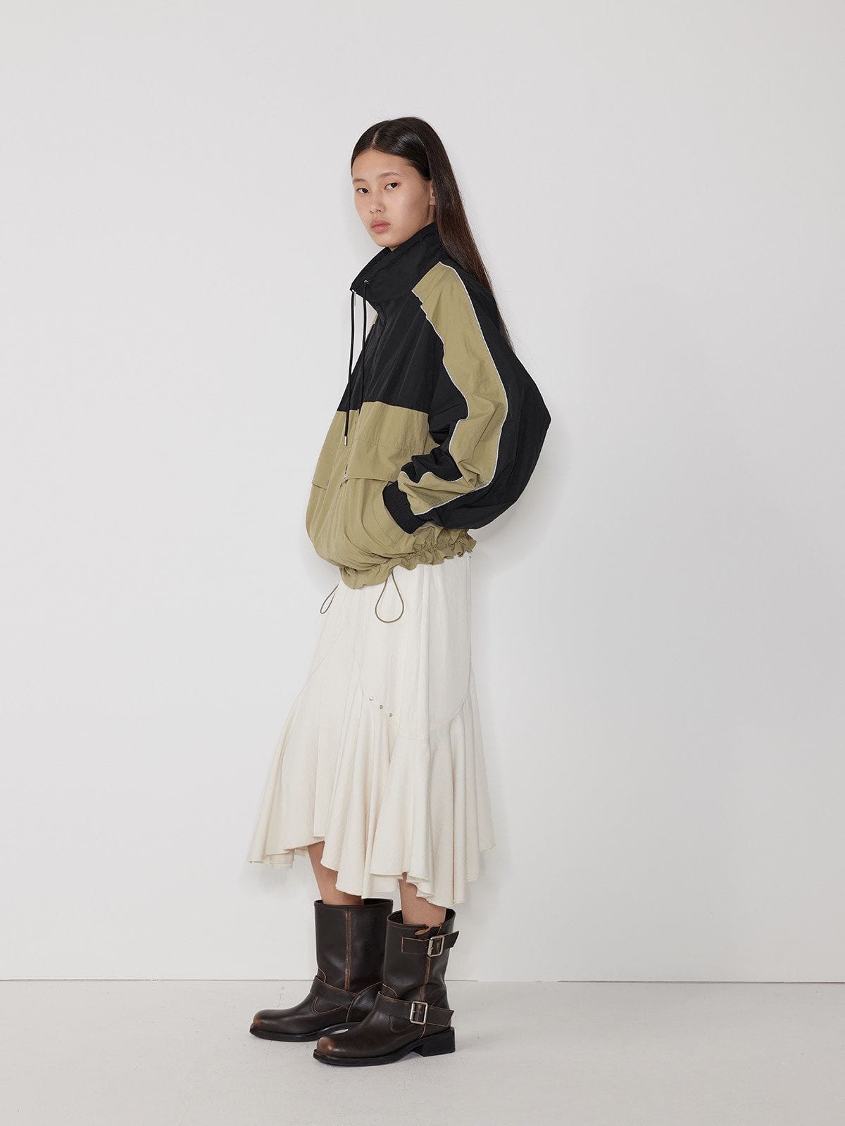 Random Piece Color Block Stand Collar Jacket in Beige - On Female Model