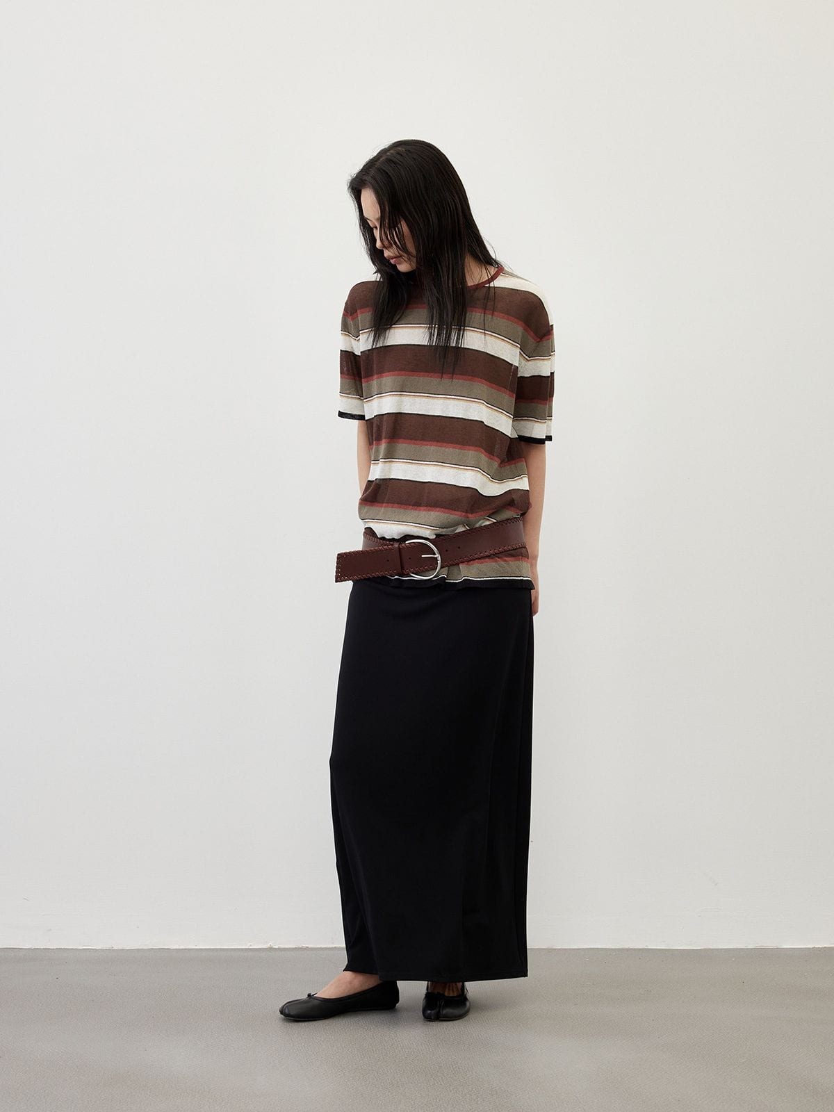 Random Piece Semi Sheer Striped Knit Top in Brown - On Female Model