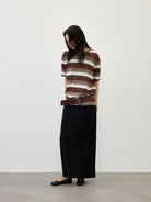 Random Piece Semi Sheer Striped Knit Top in Brown - On Female Model