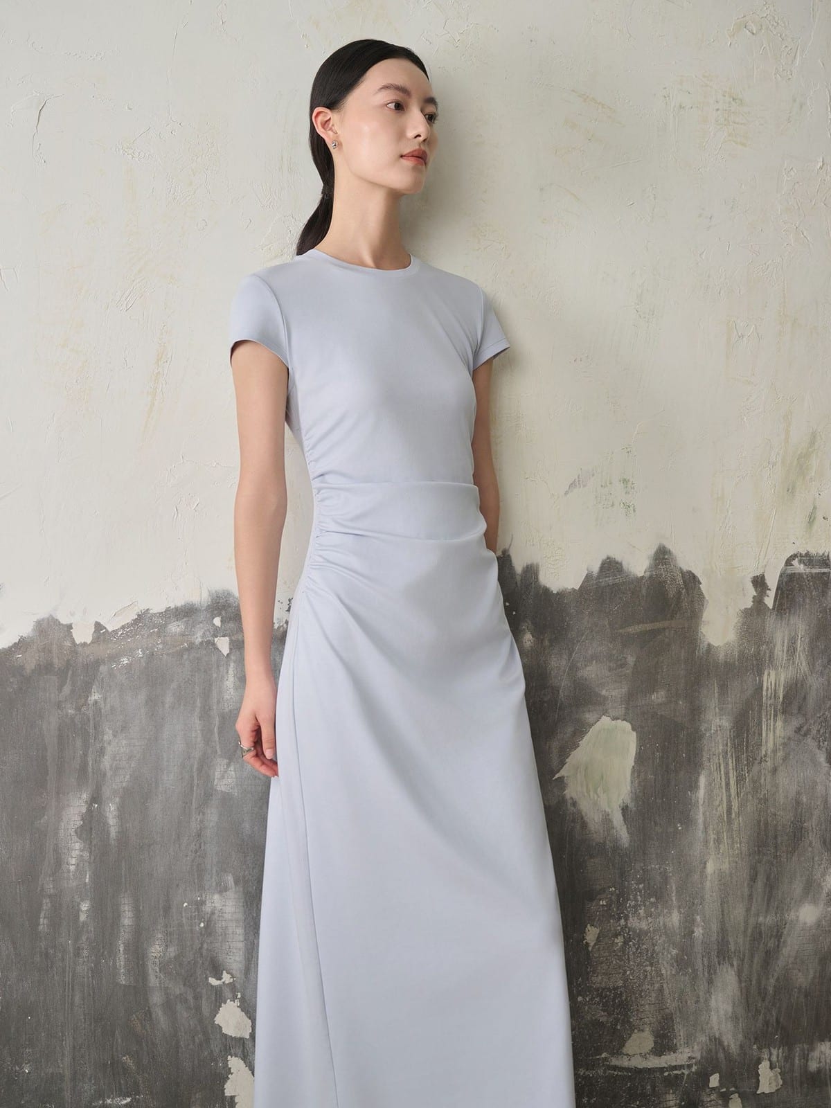 TEASEL Ruched Cotton Blend Knit Dress in Sky Blue - On Female Model