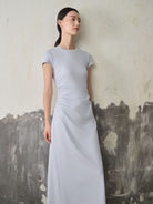 TEASEL Ruched Cotton Blend Knit Dress in Sky Blue - On Female Model