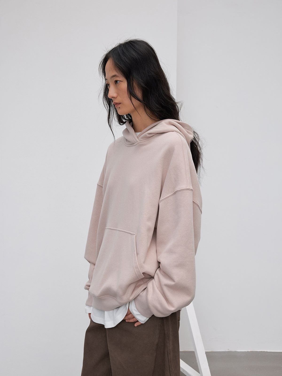Random Piece Cotton Blend Drop Shoulder Hoodie in Pink - On Female Model