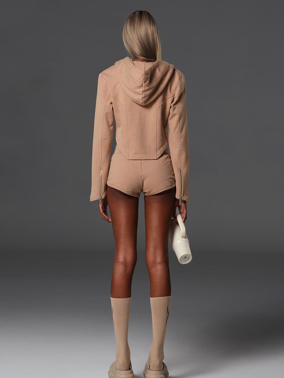 SMFK Cotton Blend Zip Up Hoodie in Beige - On Model