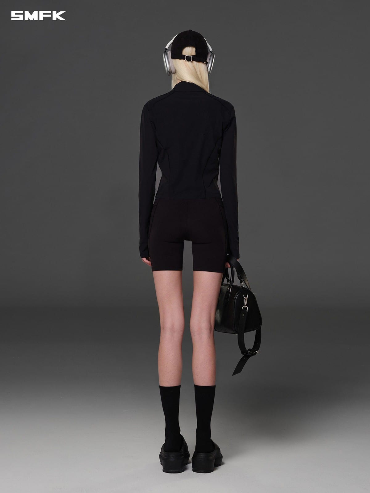 SMFK Cropped Stretch Nylon Track Jacket in Black - On Model