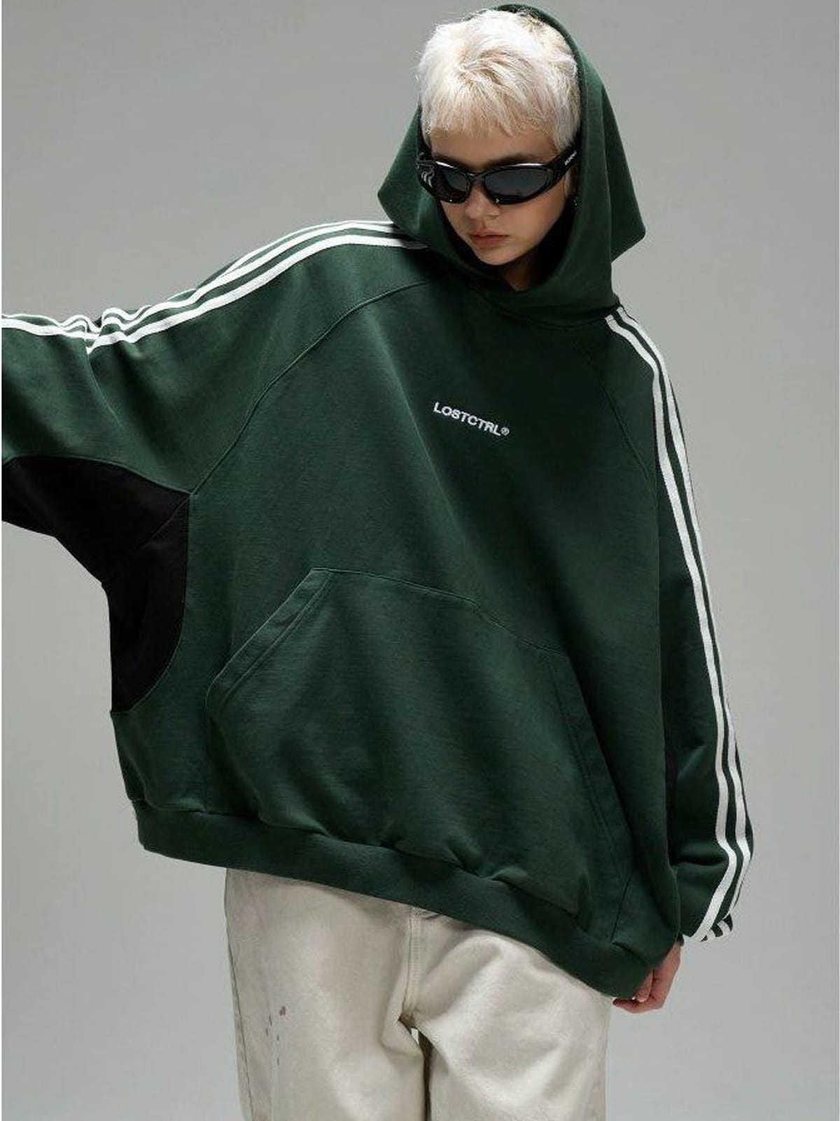 LOSTCTRL Three Stripe Cotton Hoodie in Green - On Female Model