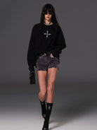 SMFK Stretch Cotton Denim Shorts in Gray - On Female Model