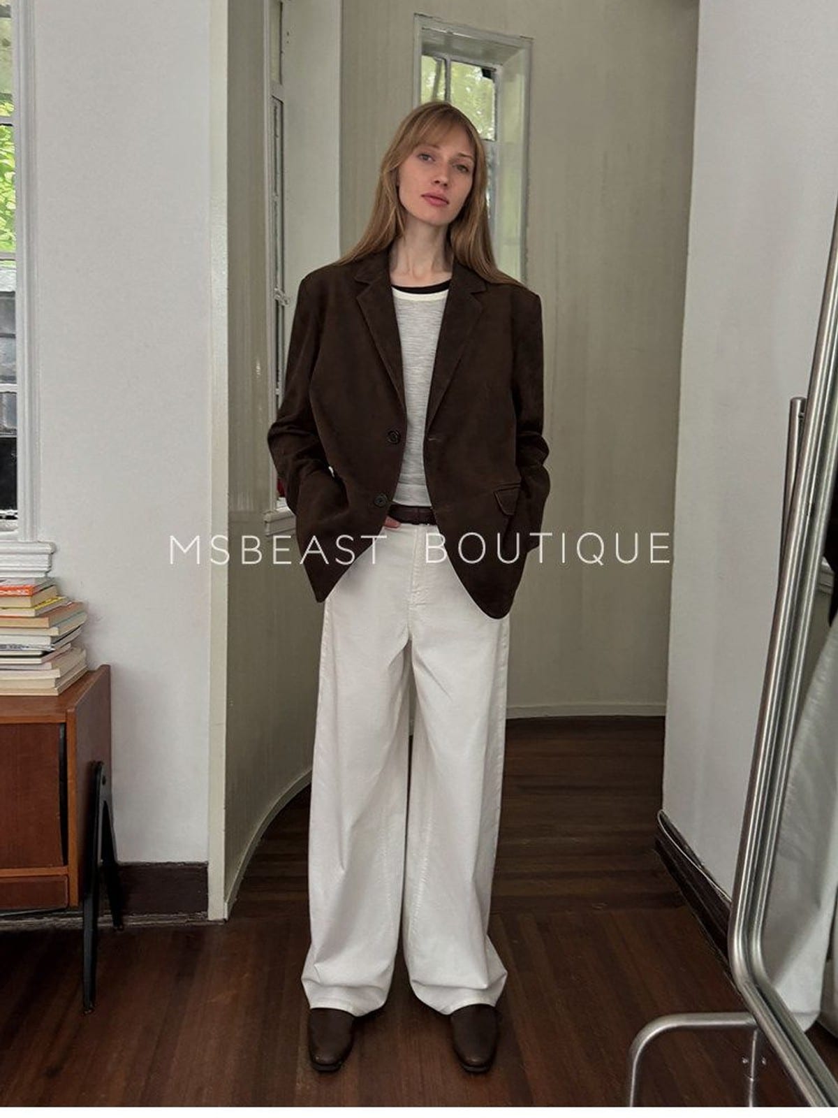 MSBEAST Oversized Sheepskin Suede Blazer in Brown - On Female Model