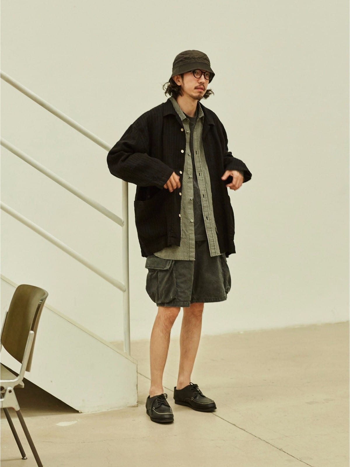 USAGE Textured Cotton Ramie Work Shirt in Black - On Male Model